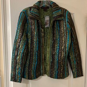 Chic Striped Puffer Jacket - Green and Blue